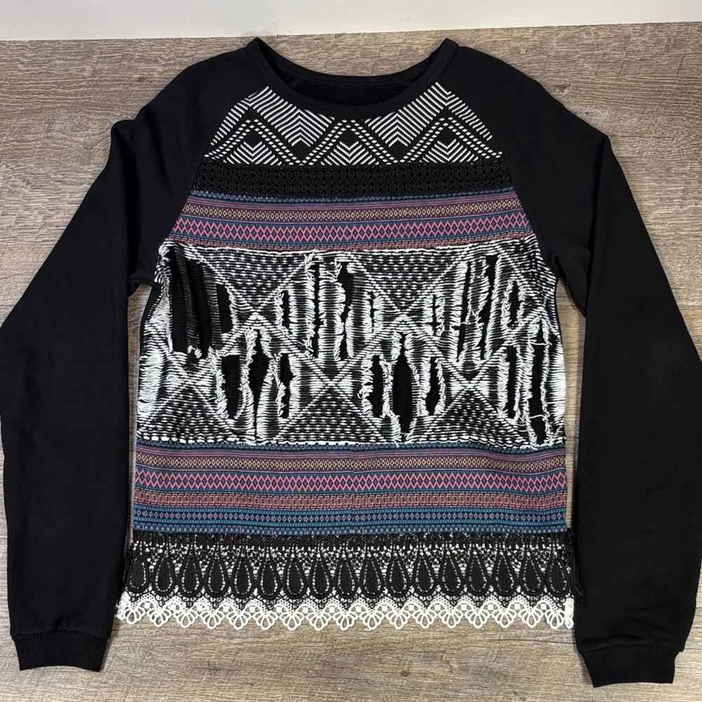Anthropologie HD in Paris Geometric Lace Hem Sweatshirt Top S